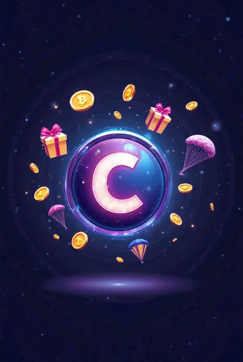 Logo with **CryptoBit** in the center, surrounded by flying coins (🪙), gift boxes (🎁), and parachutes (🪂). Use a modern font wit...