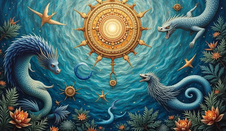 A mosaic of, theories including sea creatures, dragons and religious symbols.