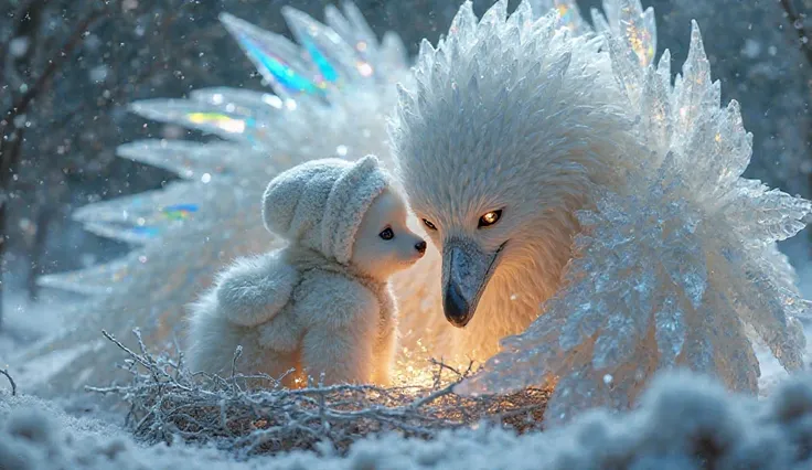 A highly detailed, magical scene depicting a gigantic crystal bird gently caring for a tiny,  white wolf pup. The bird’s immense...