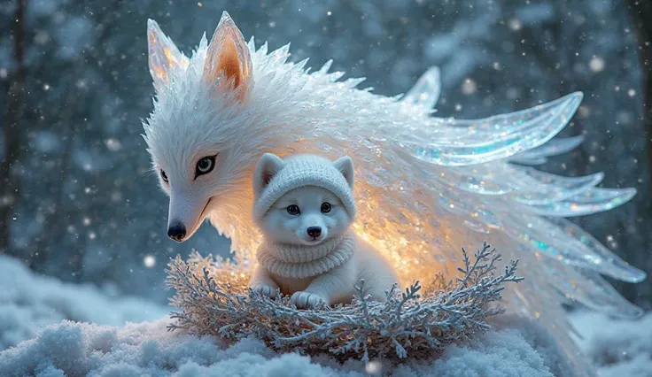 A highly detailed, magical scene depicting a gigantic crystal bird gently caring for a tiny,  white wolf pup. The bird’s immense...
