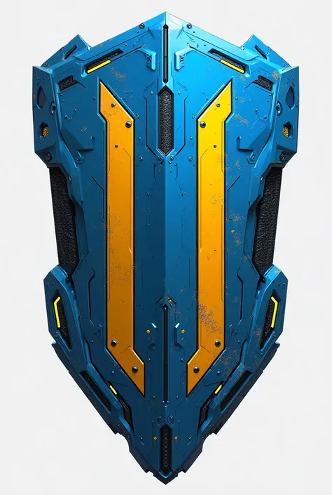 an innovative shield, technological type taking into account the attached image, with bright blue and yellow colors, and highlig...