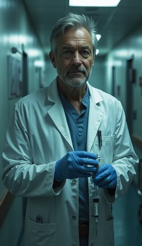 "A middle-aged male doctor with sharp features and piercing eyes, wearing a white lab coat over surgical scrubs. His expression ...