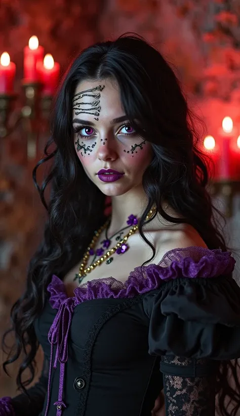 an image of a white girl with black, wavy hair, part of her forehead and one of her eyes are made of bones, her mouth and nose a...