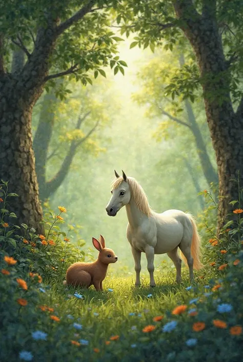A sleeping  sees in a green garden in a dream of himself and that garden there are very beautiful horses and rabbits and there a...