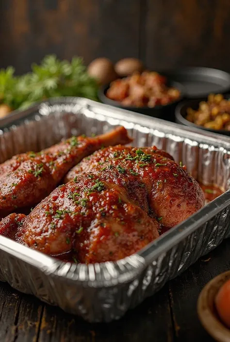 Meat roasted with aluminum in an aluminum tray to keep warm 