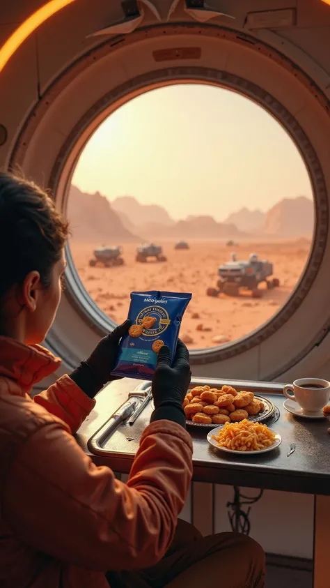 "Ultra-realistic 4K POV image of a person sitting inside a Mars habitat, holding a pack of Club Social crackers with both hands,...