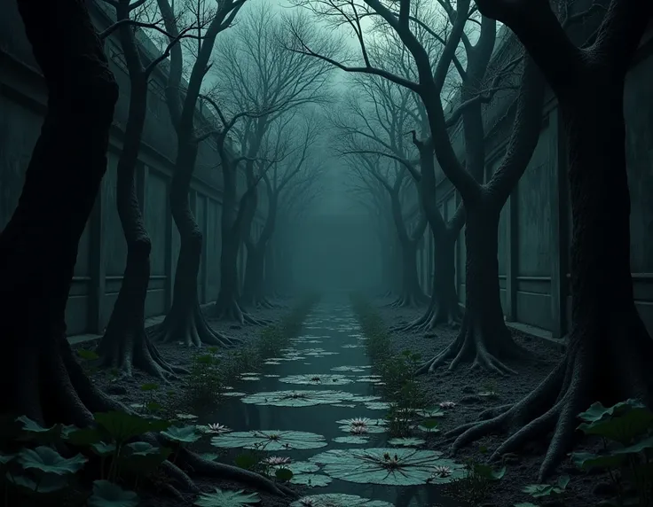 A small unkempt and scary Vietnamese garden at night, very scary, many branches, many, dry leaves on the ground, it looks haunte...