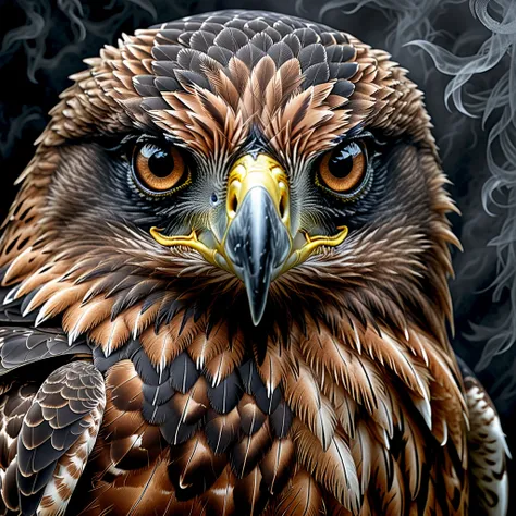 A hyper-realistic and ultra-detailed close-up portrait of a hawk with menacing, razor-sharp eyes. The bird’s gaze is locked onto...