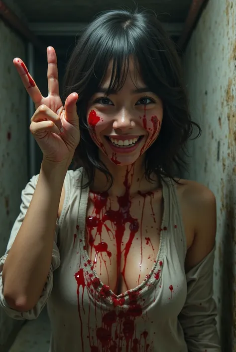 Create a Japanese woman making the peace sign while happy with a lot of blood on her face in a basement she and the Yakuza are m...