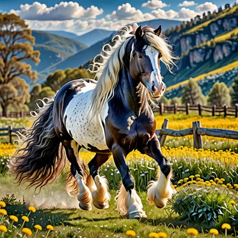 Gypsy Vanner horse with long curly hair, Dynamic Pose truck, trotting in a field of mature dandelion flowers, Blue Mountains, ba...