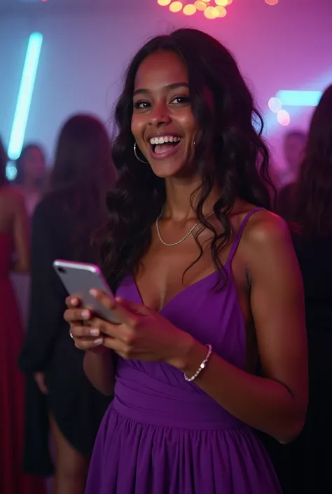 Full body, Speaking scene, indian brazilian 13 Old girl, beige skin debutante girl SPEAKING HAPPY: "CHAMA O WILL!". holding a ce...