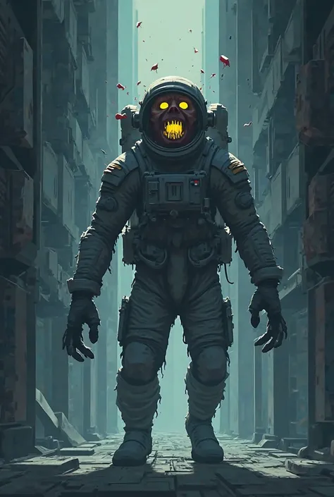 An astronaut painfully transforming in to a werewolf with glowing dole eyes in an abandoned space station with a flat geometric ...