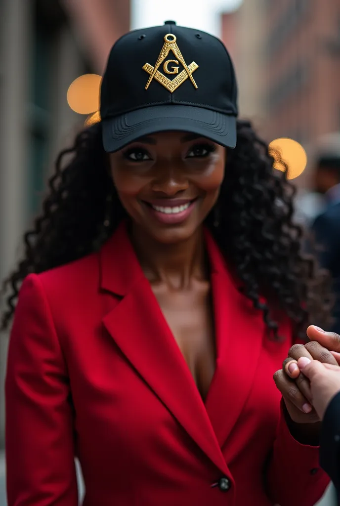 I need hd photo of beautiful black women caring a  on hear hand giving to another person wearing red suits with black cap with m...