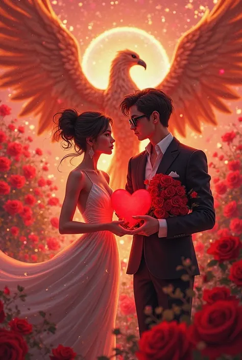 A digital illustration in the style of a romantic fantasy. A young and beautiful woman in an elegant white dress holds a red glo...