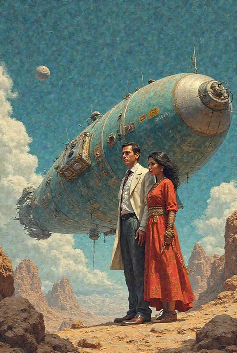 Time Machine with a scientist and a young and elegant Aymara woman. Illustrated in the style of a science fiction youth novel