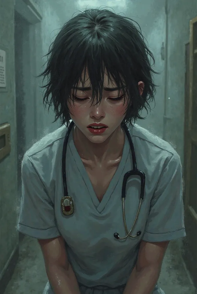 nurse short hair sad closed eyes, clench your teeth, 