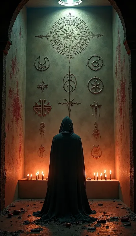 Inside the dimly lit room, strange symbols and markings are smeared on the walls with what appears to be blood. The eerie glow o...