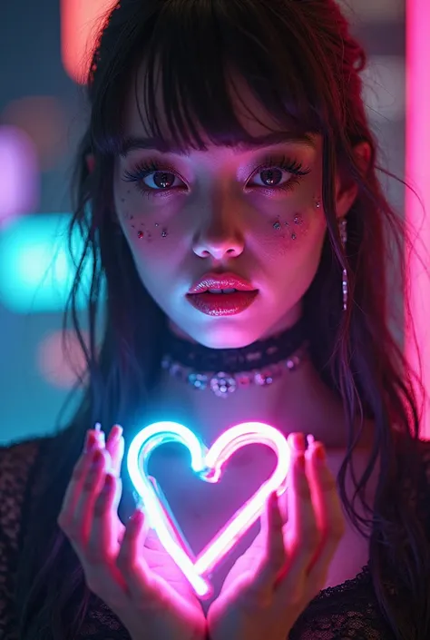 cyberpunk, Woman holding various shaped neon lights in her hands, Broken, beautiful detailed eyes, Beautiful Detailed Lips, very...