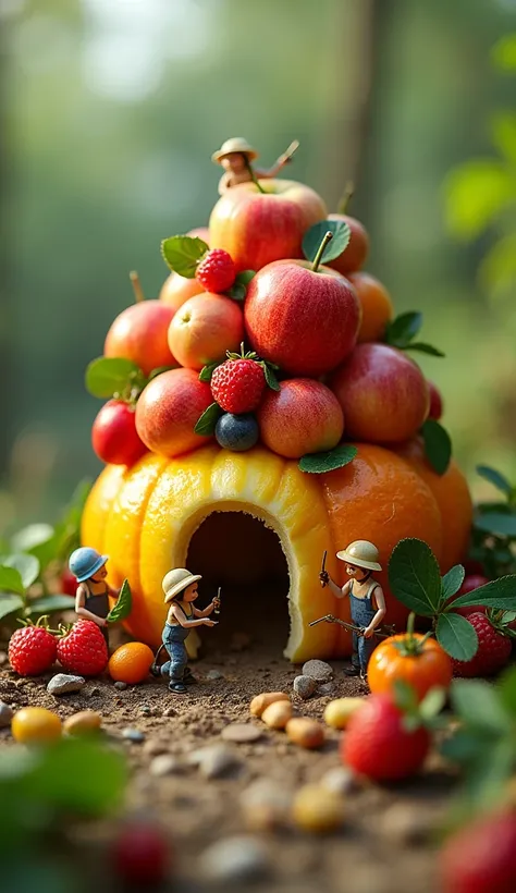 camera moving to the left keeping the object in the center, mini workers building their fruit house