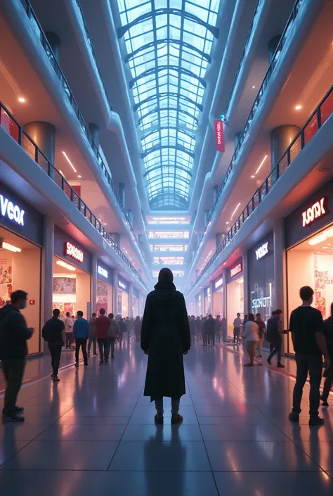 shopping mall hall, where black appears with illuminated store names 