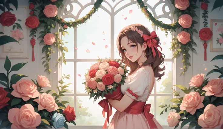 A beautiful bouquet of pink and red carnations, surrounded by soft greenery, wrapped in delicate pastel-colored paper with a rib...