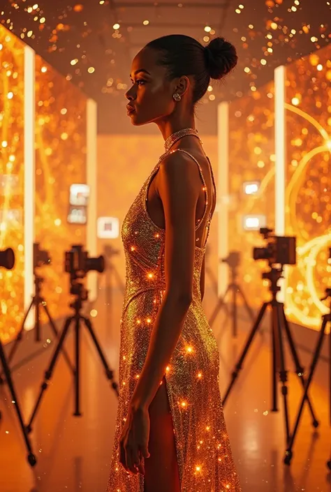 Futuristic woman is standing in a studio of immersive photography, where the walls are surrounded by vibrant lights in shades of...