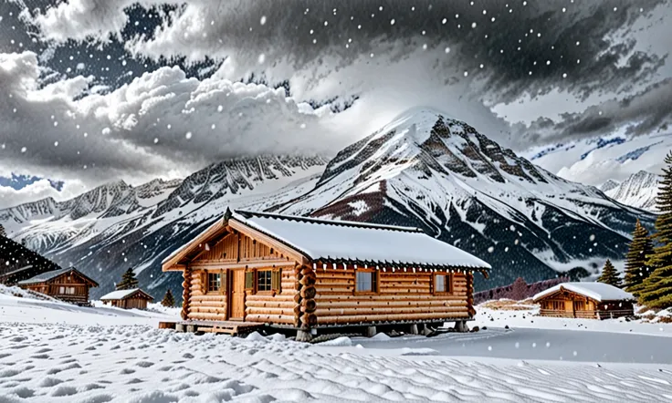 night,Time by day、blzard,wooden hut,  snowy mountains々, 8k, high resolution, abussard dress, Best Quality, super detailed, pine ...