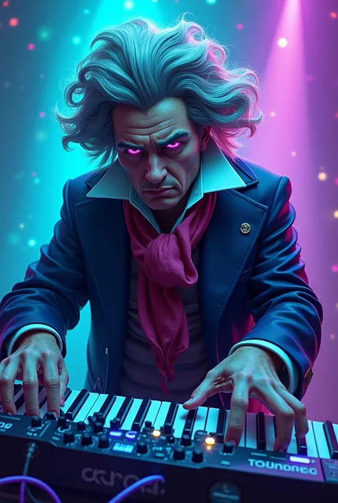 Turn Beethoven into an epic and psychedelic Riddim Dubstep DJ with bright blue colors, phosphorescent green and black with light...
