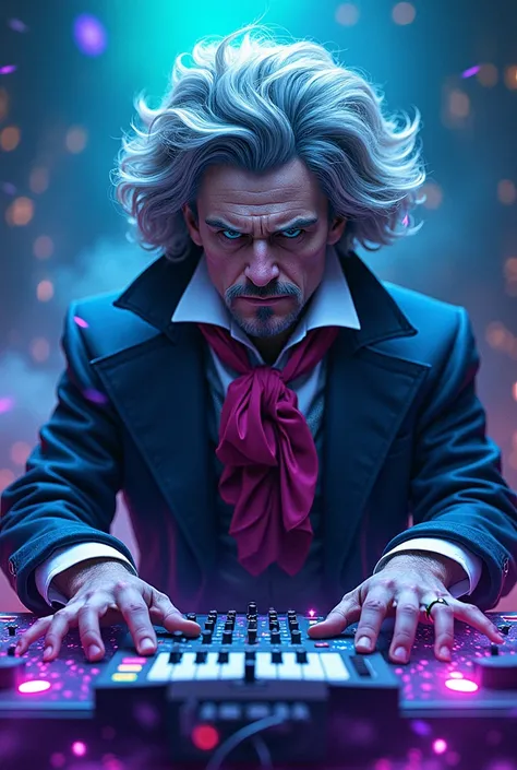 Turn Beethoven into an epic and psychedelic Riddim Dubstep DJ with bright blue colors, phosphorescent green and black with light...
