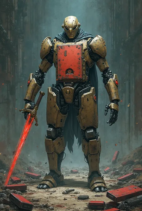 A smartphone with arms and legs brandishing a sword and around it other dead smartphones