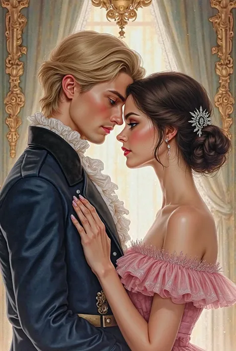 create a watercolor image of a Victorian couple. 
The man is a fair-haired duke, blue eyes, striking face, seductive.
the woman ...