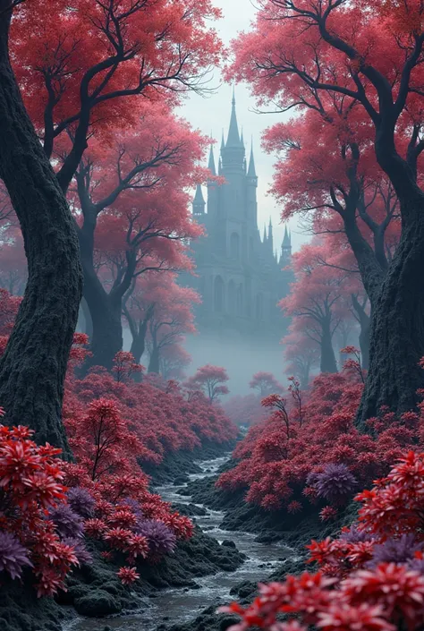 A REALISTIC ANIMATED IMAGE WHERE YOU CAN FIND RED TREES, PURPLE PLANTS, BLACK SOIL AND A DARK CASTLE IN THE BACKGROUND