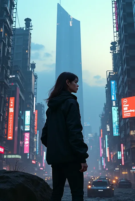 A brown haired female in black clothes and Jacket looking over a the distant cyberpunk city and tower with the title Fall of Kam...