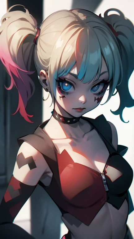 Harley Quinn、DC Comics crazy girl ,  is staring at the camera with an eerie expression.twin tails, standing up picture, 