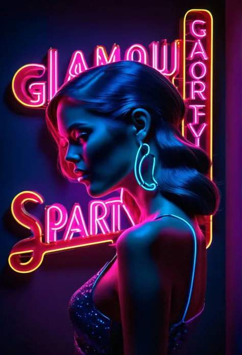 Side face silhouette，Shadow of beautiful woman under neon sign,Huge neon signboard，neon text : Glamour Party(Neon sign with text...