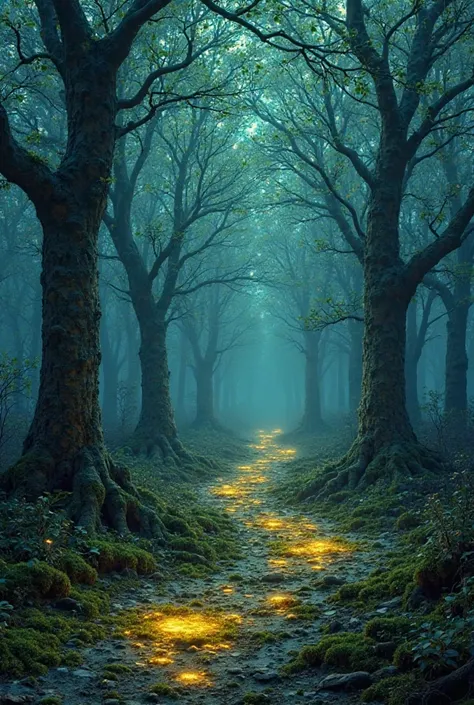 A mystical woodland where ancient trees with translucent leaves glow in harmony with the pulsing waves of the aurora borealis ab...