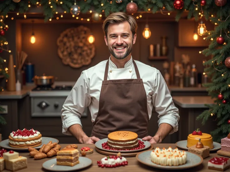 realistic，photography：Pastry chef in the kitchen，Beck ，dessert展示，cake，dessert，biscuit，Russian,  pastry chef in work clothes ,  S...