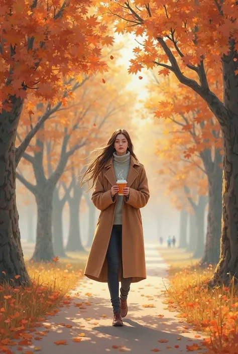 A person walking in a peaceful autumn park, wearing a long cozy coat and holding a warm drink.