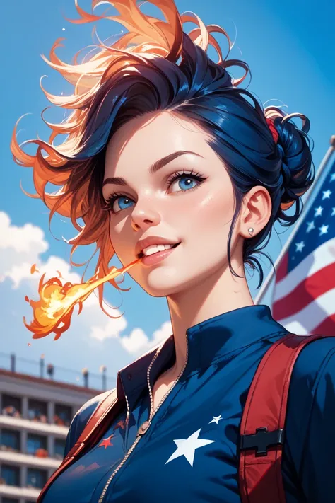 A person who clearly represents America，Preferably with an American flag package，Shoot a punch that caught fire