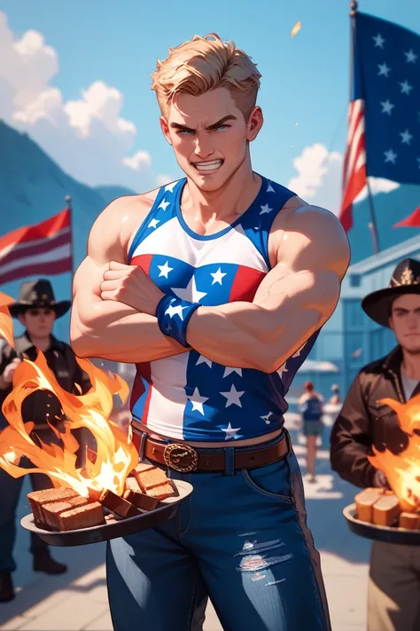 A man who clearly represents America，Preferably with an American flag package，Shoot a punch that caught fire，Fist wrapped in fir...