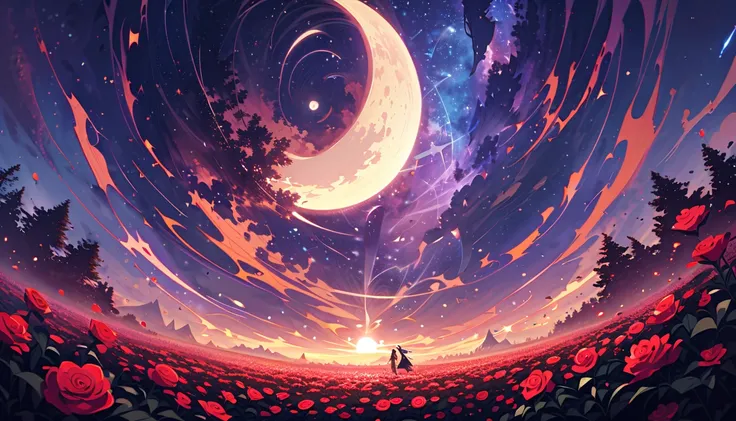 Ultra Wide Angle，null，Expanding field of roses ，（Man and woman kiss in the wind），（ full moon：0.9），（nebula：1.1），Distant Mountain々...