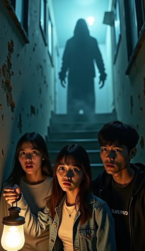 Prompt:
"A tense and eerie scene featuring a group of frightened people resembling Jungkook, Irene, Rebecca Patricia Armstrong, ...