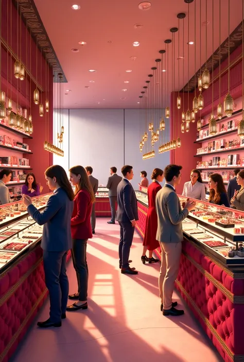 Several people who are visiting a makeup store called GLAMOUR 