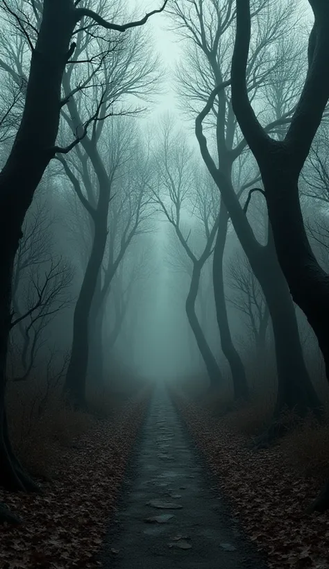 A silent, eerie forest path with dry leaves scattered on the ground. The trees are twisted, and the air feels heavy and cold.