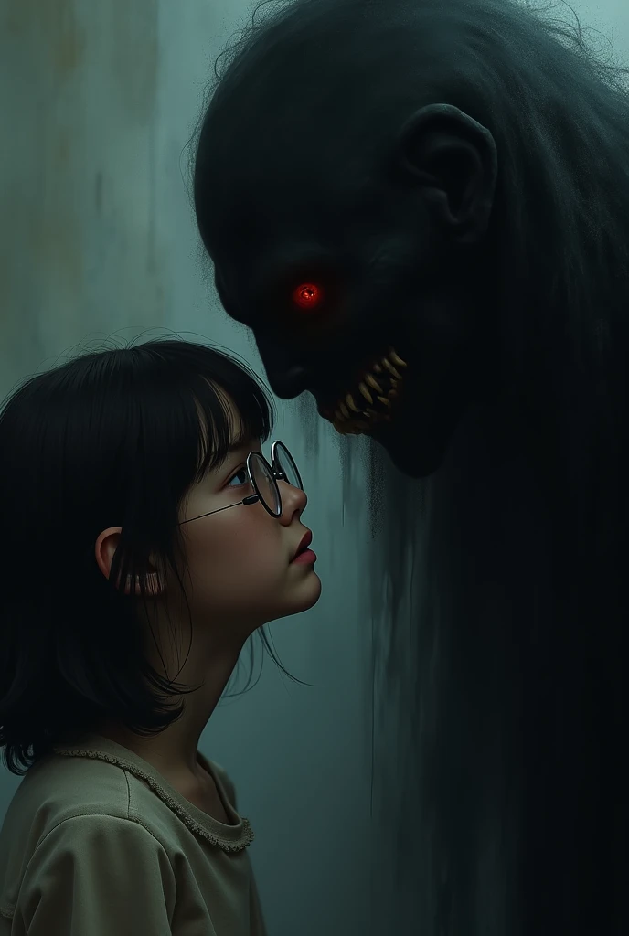 a faceless black monster that exudes a black aura. The monster whispers in the ear of a girl with glasses 