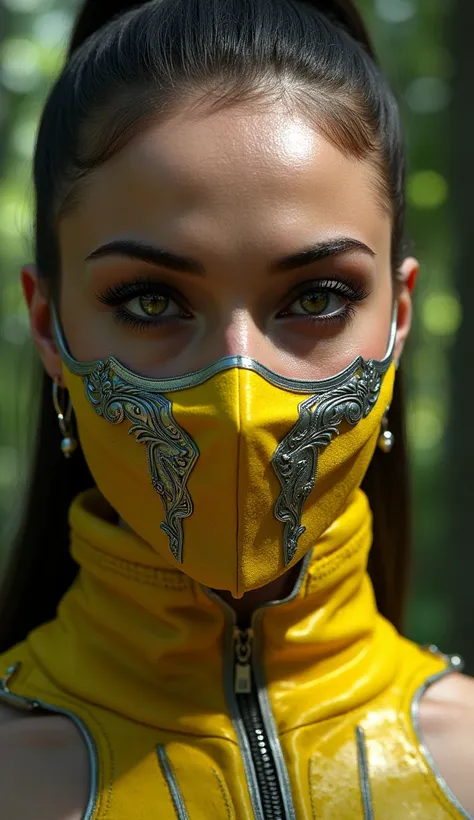 Hyper-realistic photographic style. Like Tanya Mortal Kombat. close-up do rosto. Extremely realistic yellow mask and silver deta...