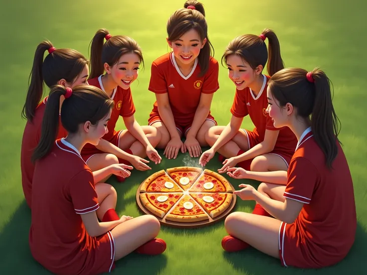 Female soccer players and a coach sit together in a circle on a soccer field and eat pizza. 