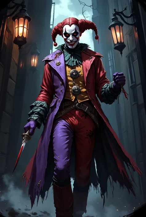 A Harlequin Killer is found in a dark and narrow alley, with pools of blood reflecting the light of flickering lanterns. His cos...