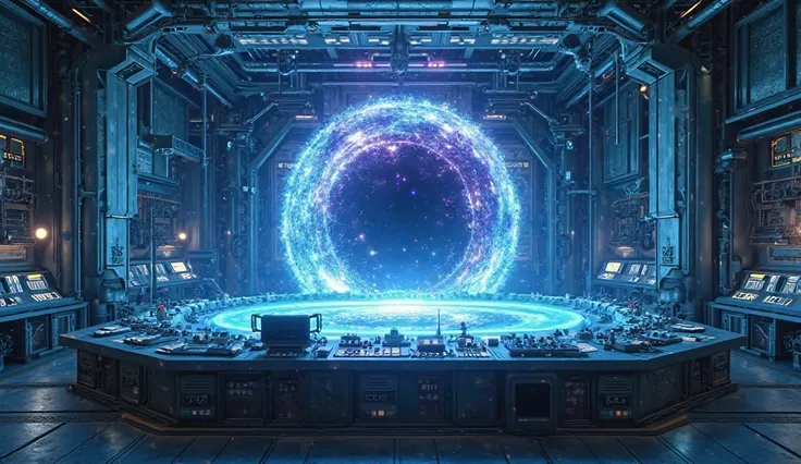 Make a futuristic laboratory with control panels with a big glass window, behind this window make a giant reactor with blue ener...