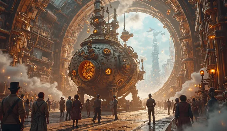 A stunning 3D animation scene depicting a steampunk time-travel adventure! A massive, intricate steam-powered time machine stand...